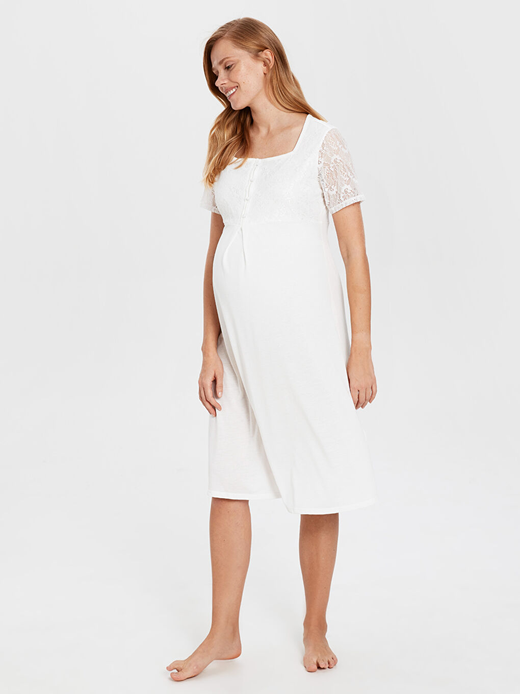 Ekru Kare Yaka Kısa Kollu Kadın Gecelik-1