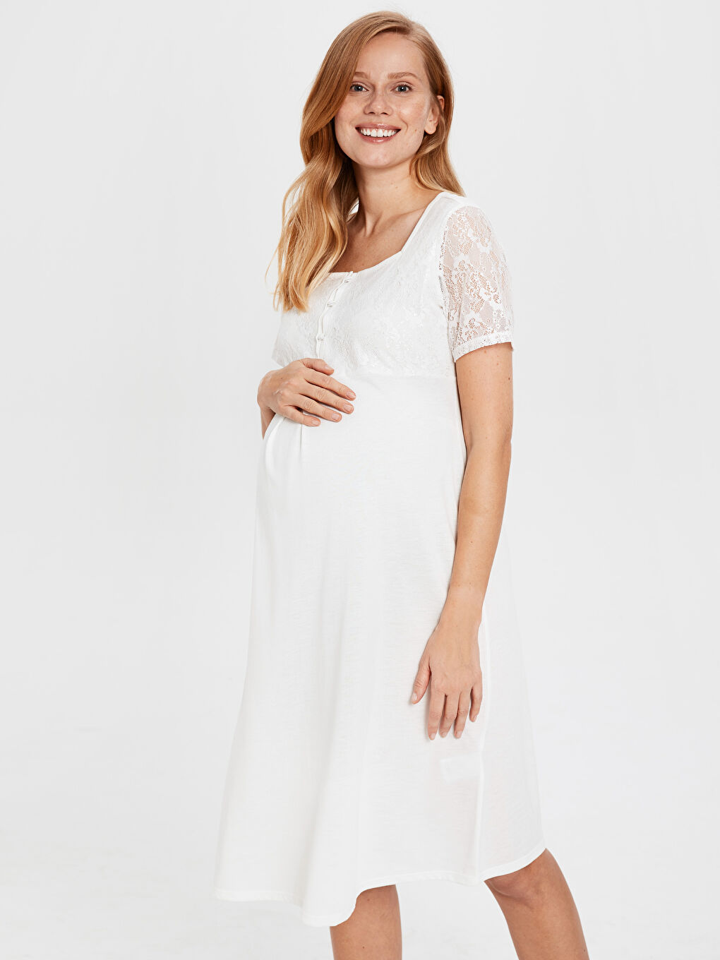 Ekru Kare Yaka Kısa Kollu Kadın Gecelik-2