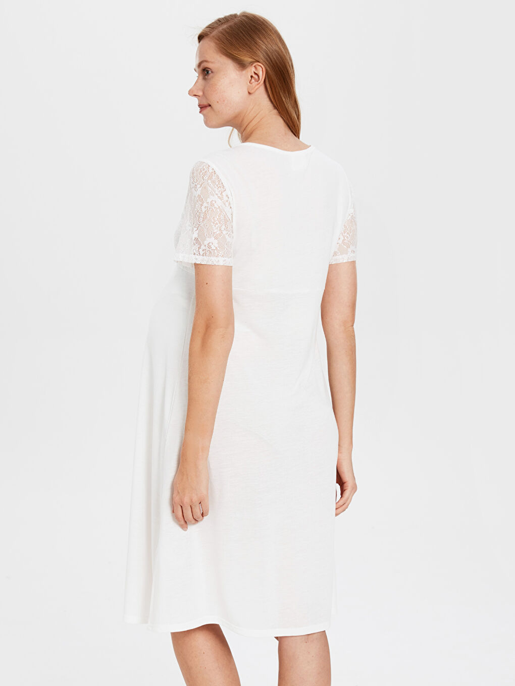 Ekru Kare Yaka Kısa Kollu Kadın Gecelik-3