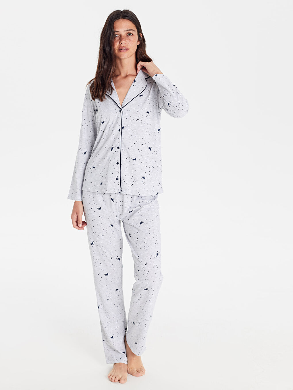 Lacivert V Yaka Kadın Pijama Takım-1