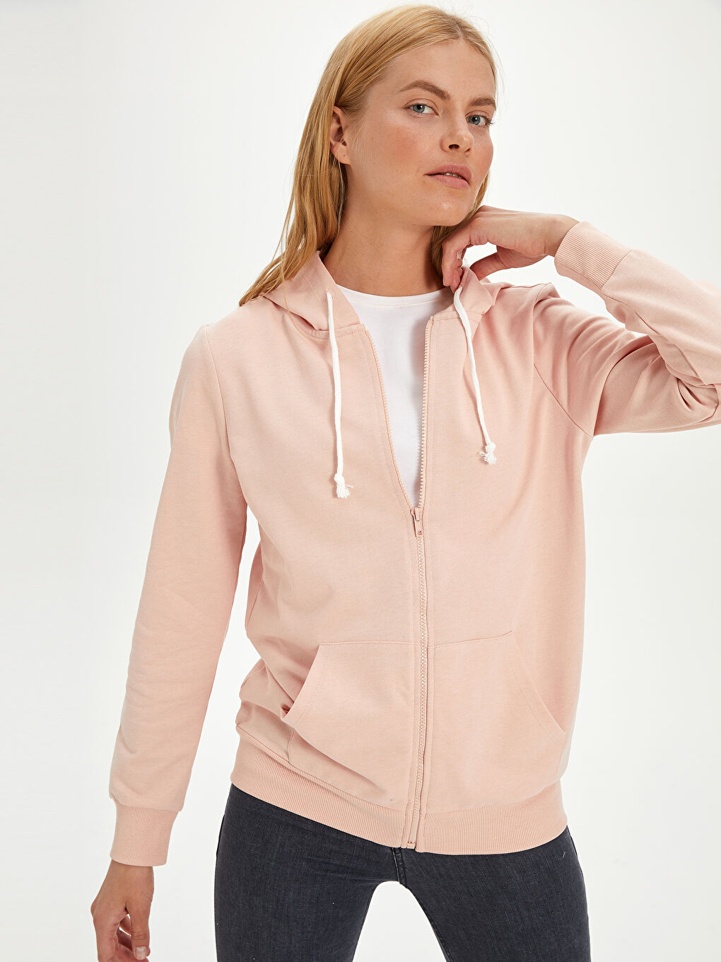 Pembe Kapüşonlu Sweatshirt Kumaşı Kadın Spor Hırka