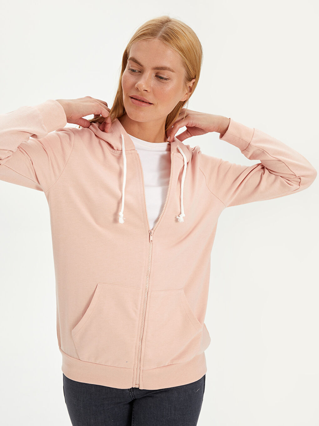 Pembe Kapüşonlu Sweatshirt Kumaşı Kadın Spor Hırka-2