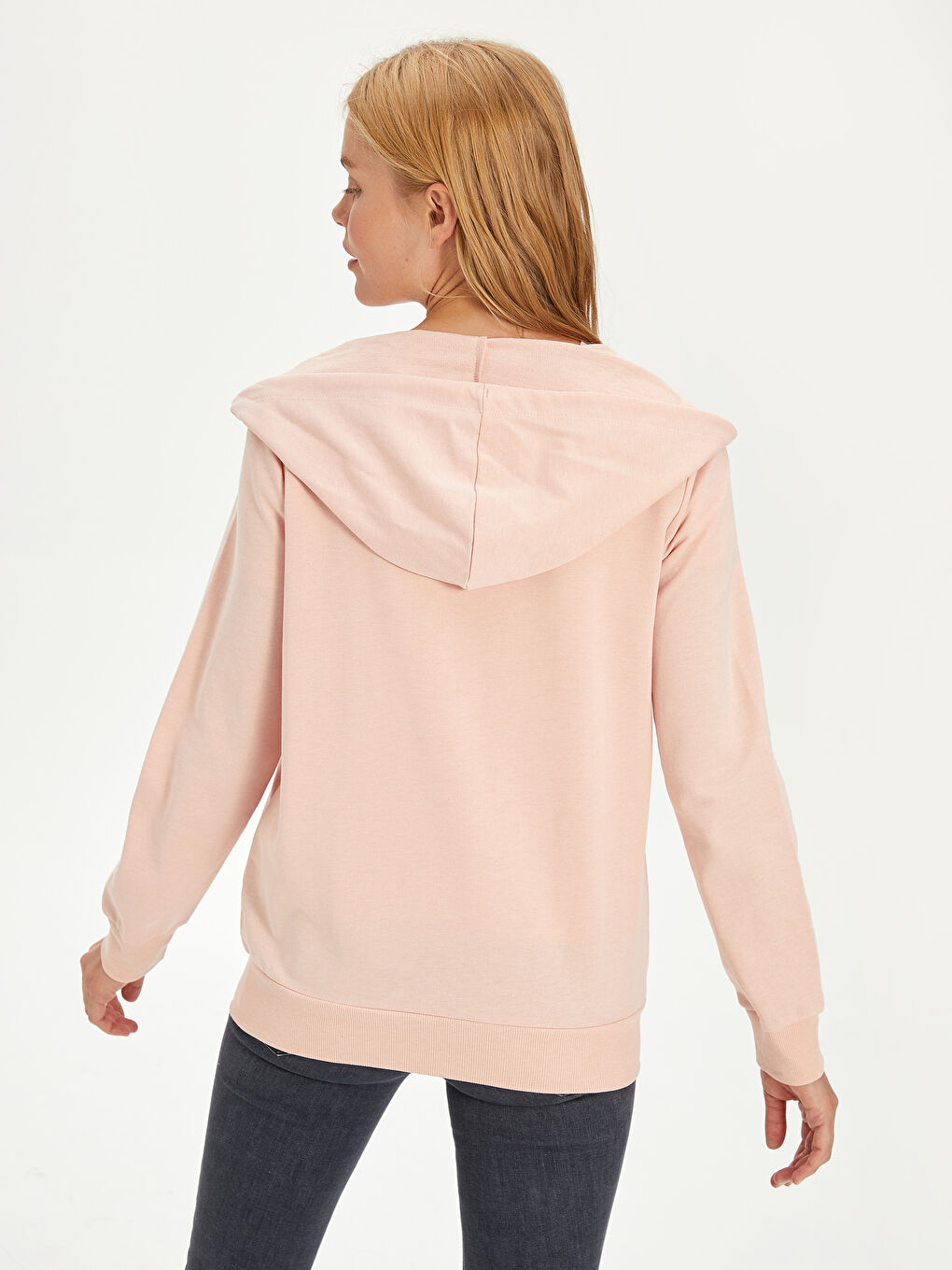 Pembe Kapüşonlu Sweatshirt Kumaşı Kadın Spor Hırka-3