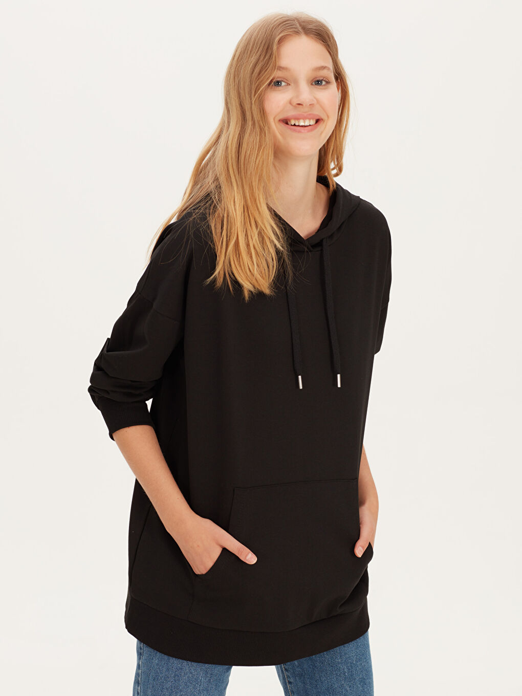 Siyah Kapüşonlu Sweatshirt Kumaşı Kadın Sweatshirt