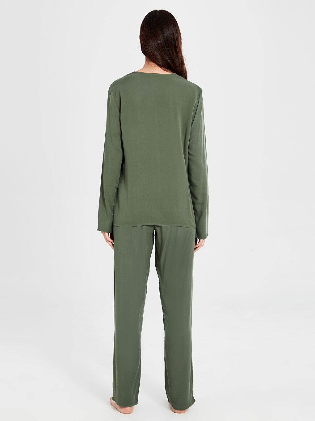 Yeşil Gömlek Yaka Kadın Gabardin Pijama Takım-1