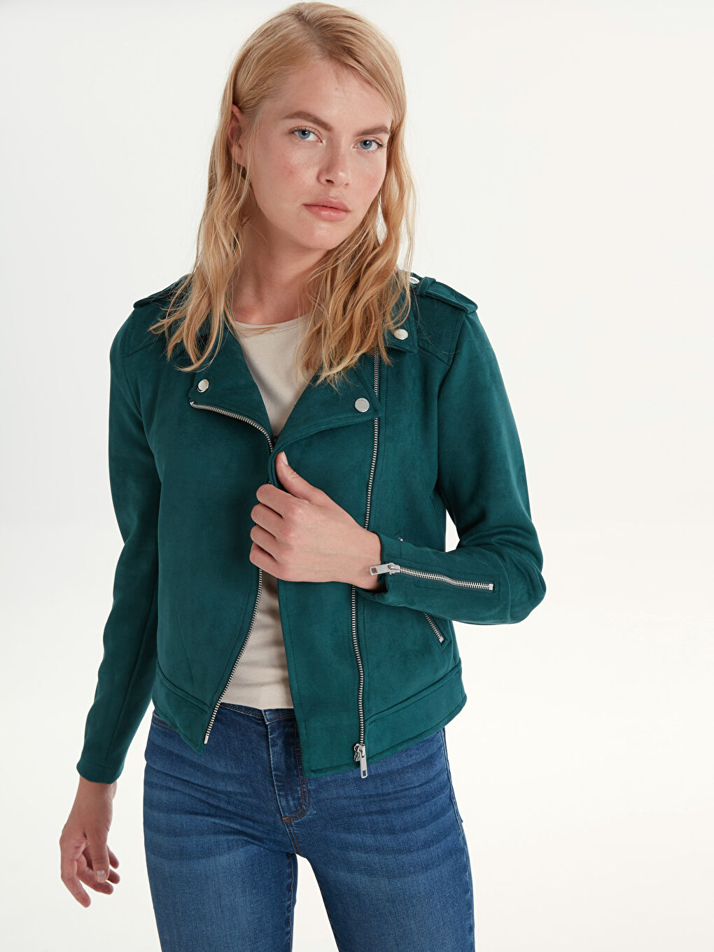 Koyu Yeşil Deri Görünümlü Mont