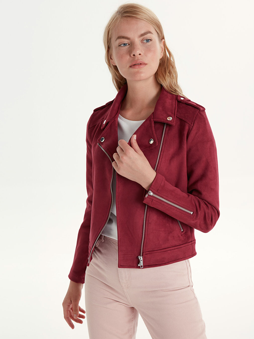 Kırmızı Uzun Kollu Süet Kadın Deri Görünümlü Mont