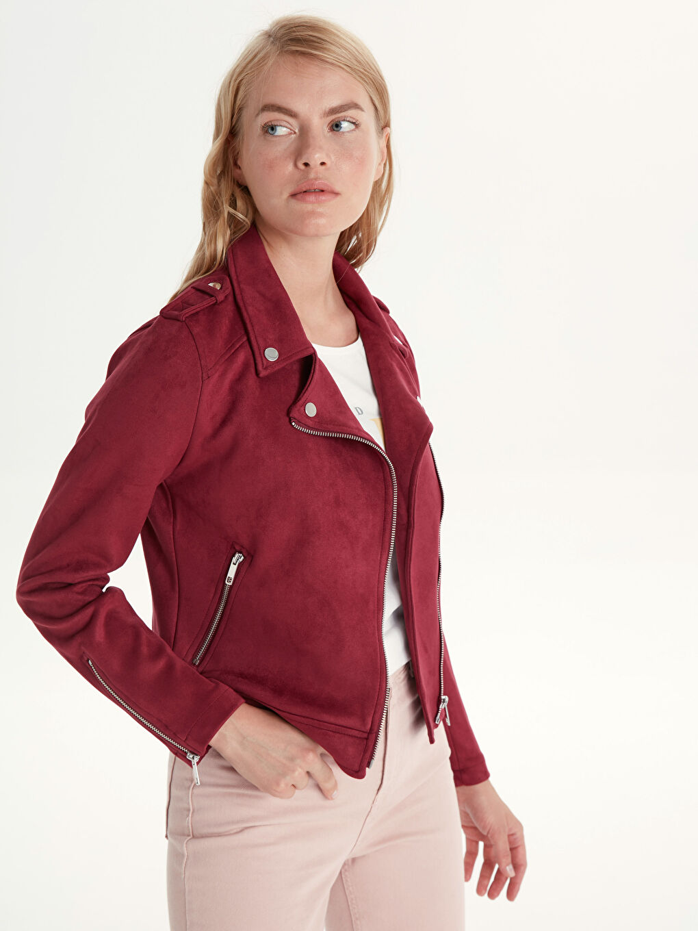 Kırmızı Uzun Kollu Süet Kadın Deri Görünümlü Mont-1