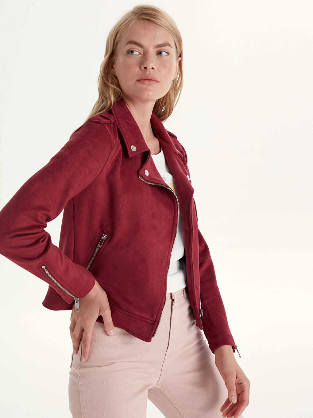 Kırmızı Uzun Kollu Süet Kadın Deri Görünümlü Mont-2