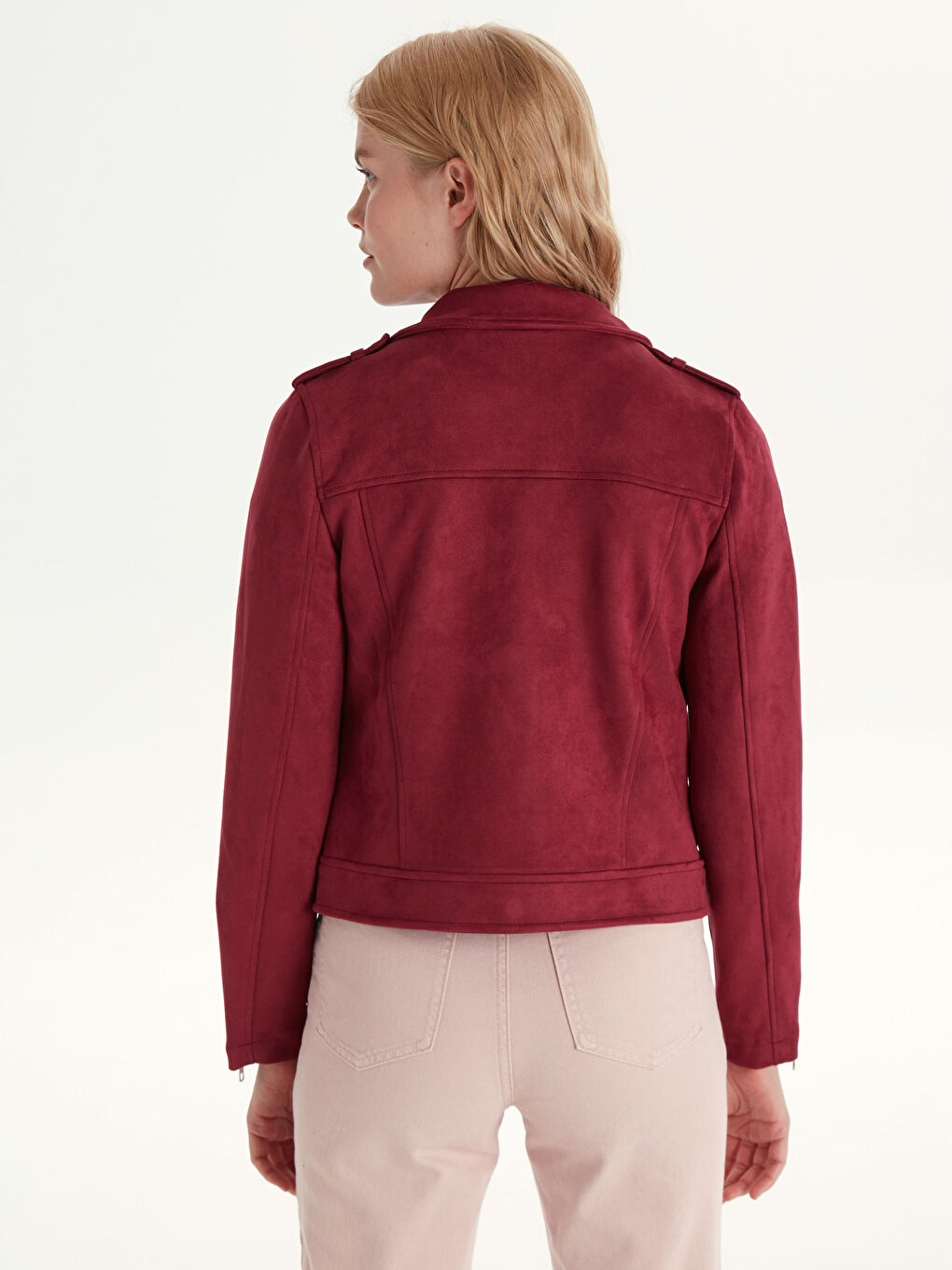 Kırmızı Uzun Kollu Süet Kadın Deri Görünümlü Mont-3