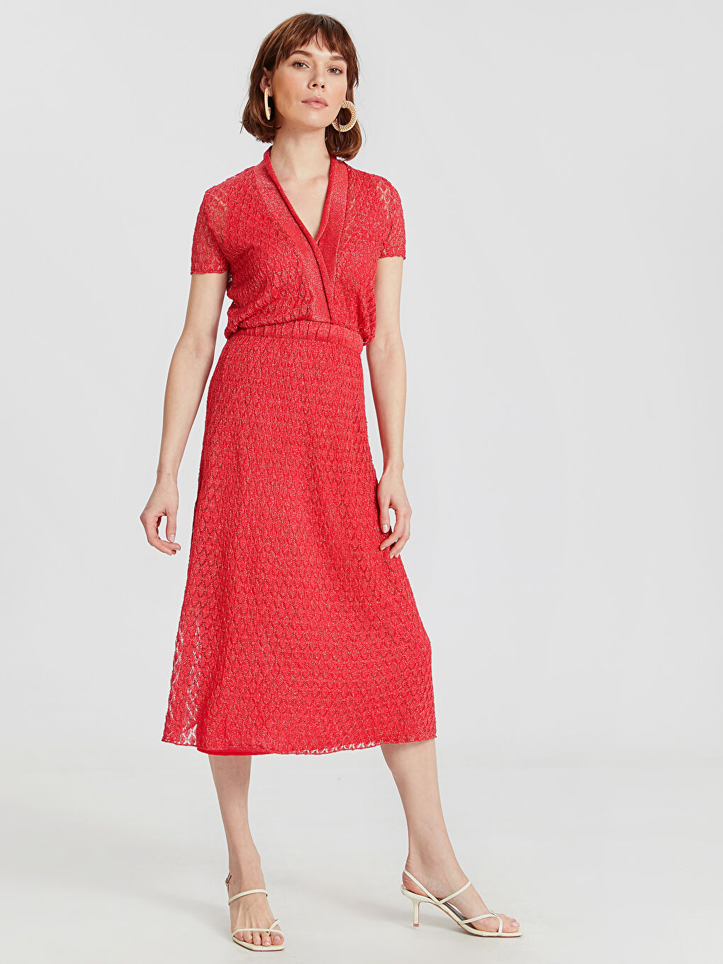 Kırmızı V Yaka Dar Fit Kısa Kollu Kadın Elbise-1