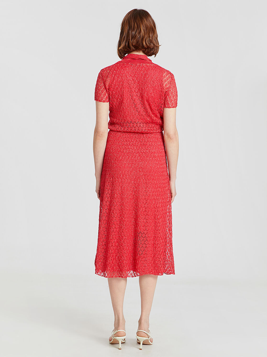 Kırmızı V Yaka Dar Fit Kısa Kollu Kadın Elbise-2