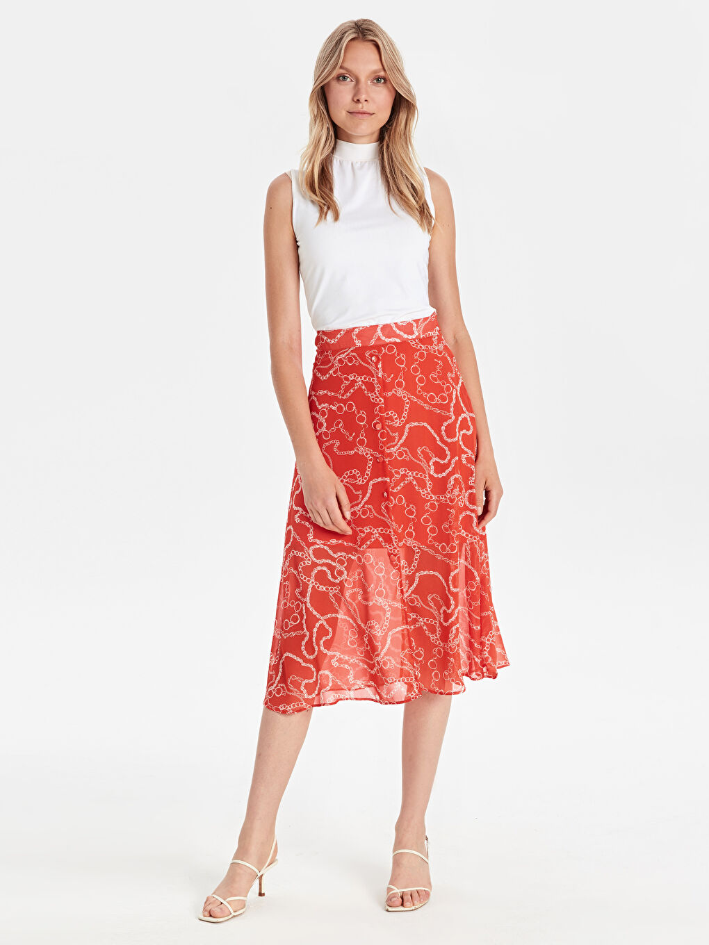 Ekru Standart Fit Şifon Kadın Etek-1