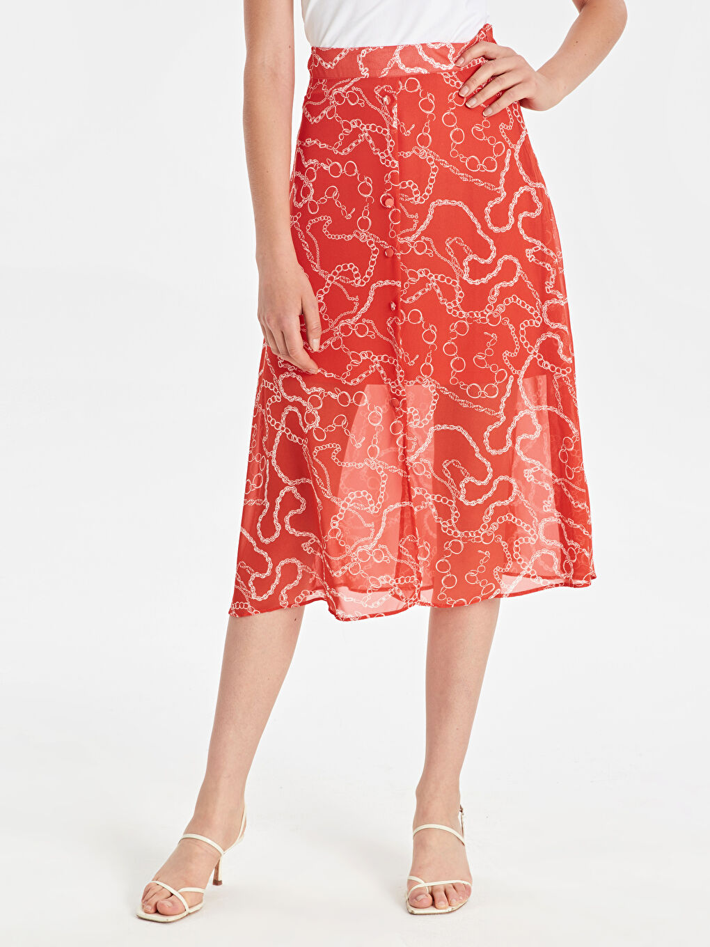 Ekru Standart Fit Şifon Kadın Etek-2