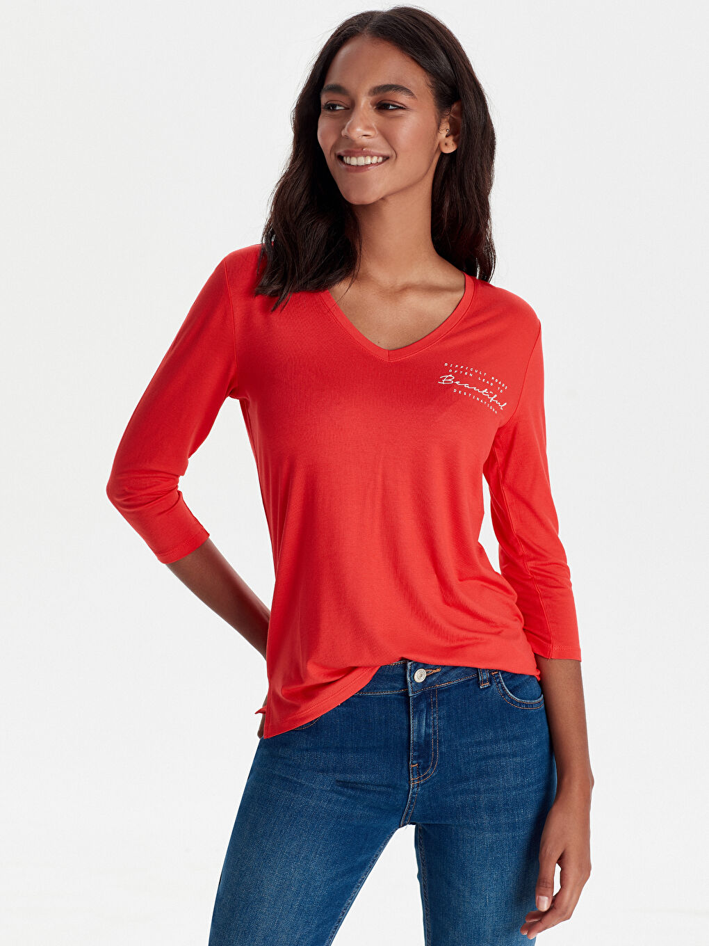 Kırmızı V Yaka Uzun Kollu Kadın Tişört