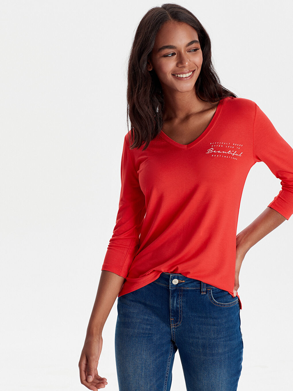 Kırmızı V Yaka Uzun Kollu Kadın Tişört-1