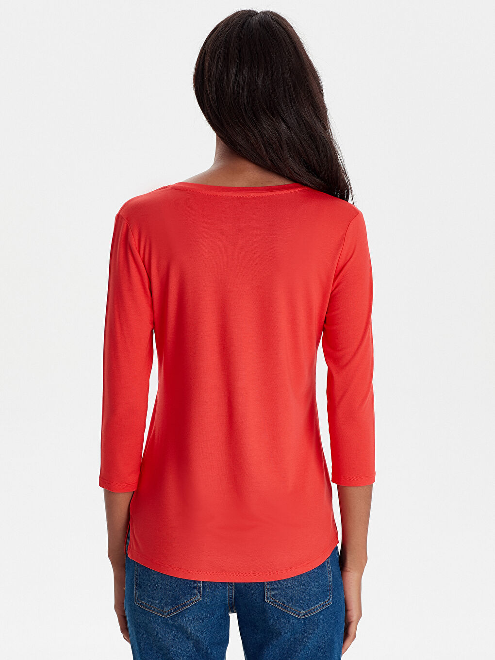 Kırmızı V Yaka Uzun Kollu Kadın Tişört-2