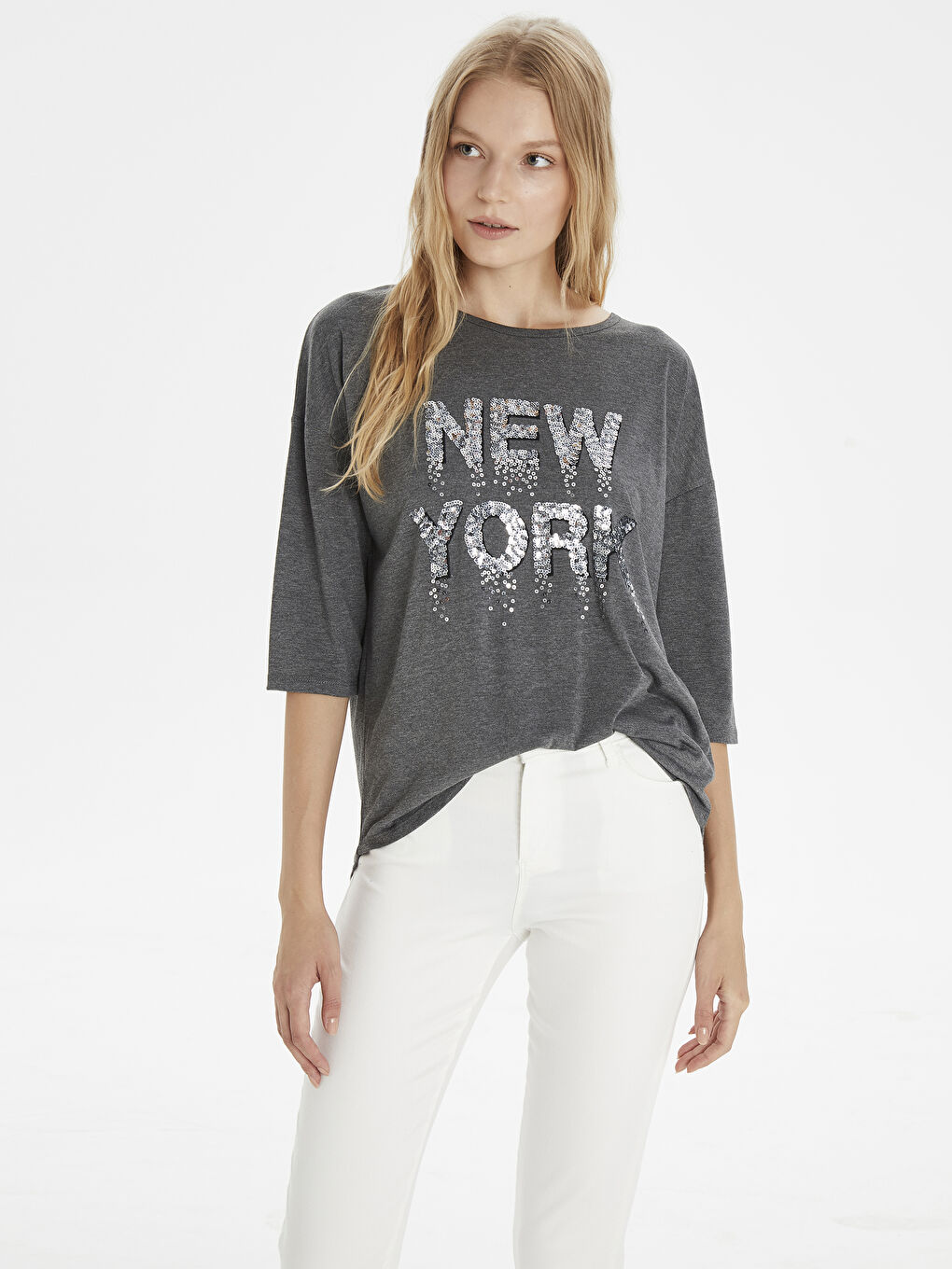 Antrasit Bisiklet Yaka Kadın Tişört-1