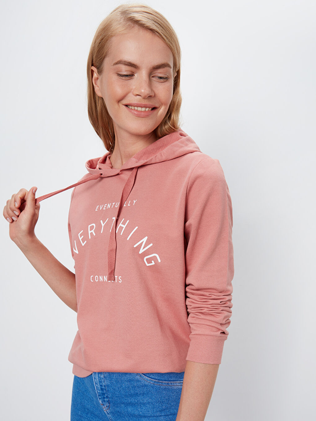 Pembe Kapüşonlu Sweatshirt Kumaşı Kadın Sweatshirt-1