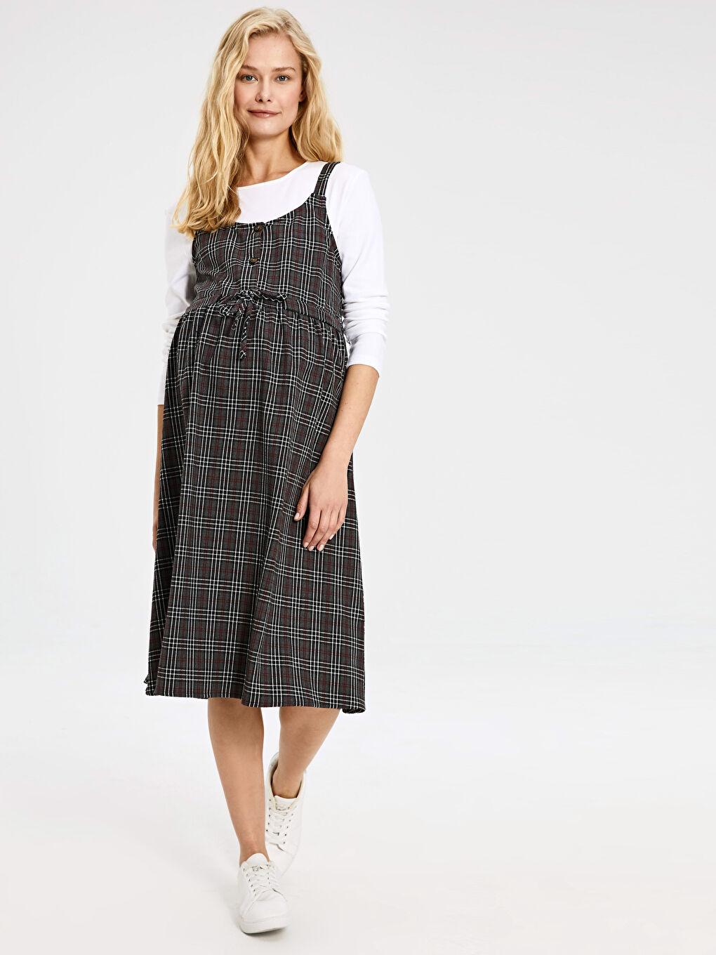U Neck Strap Plaid Gabardine Maternity Dress