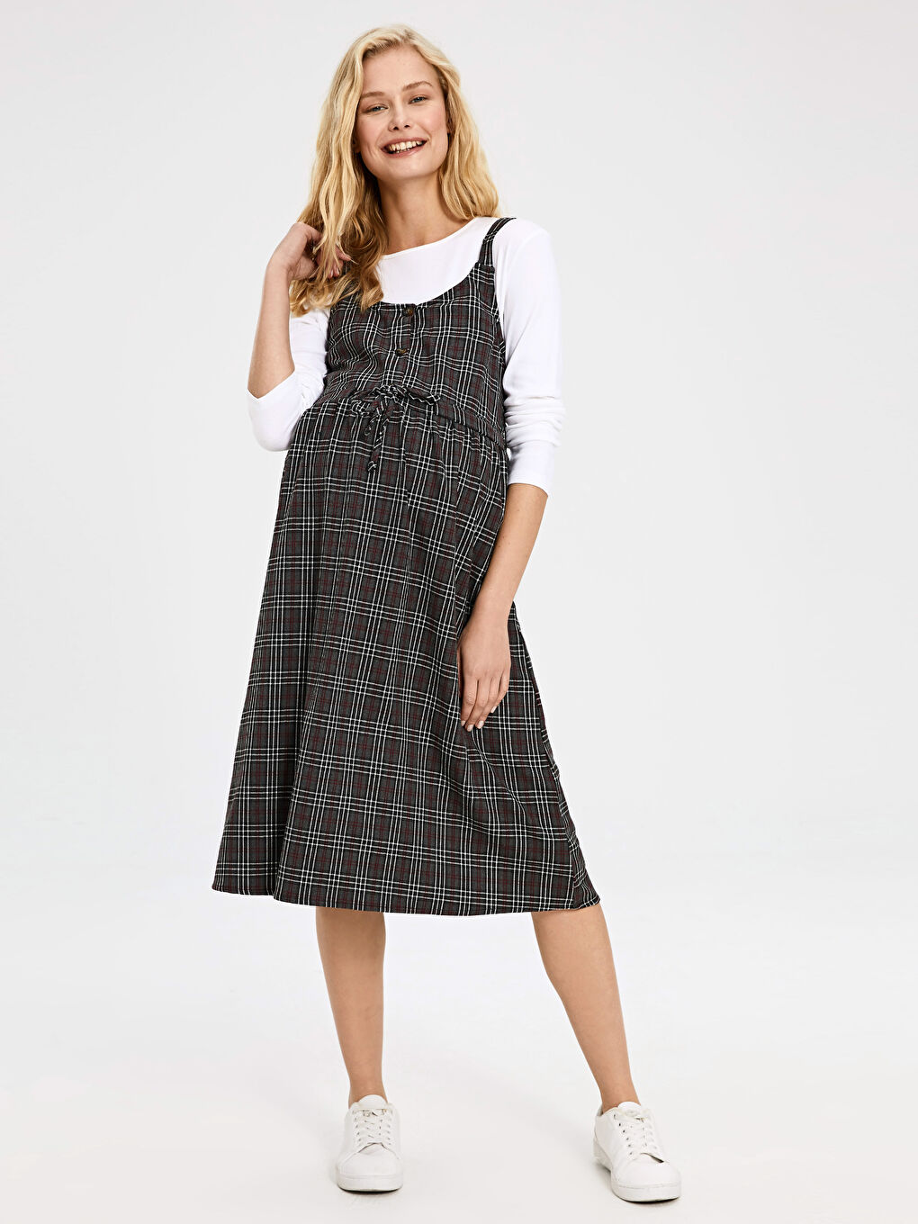 U Neck Strap Plaid Gabardine Maternity Dress-1