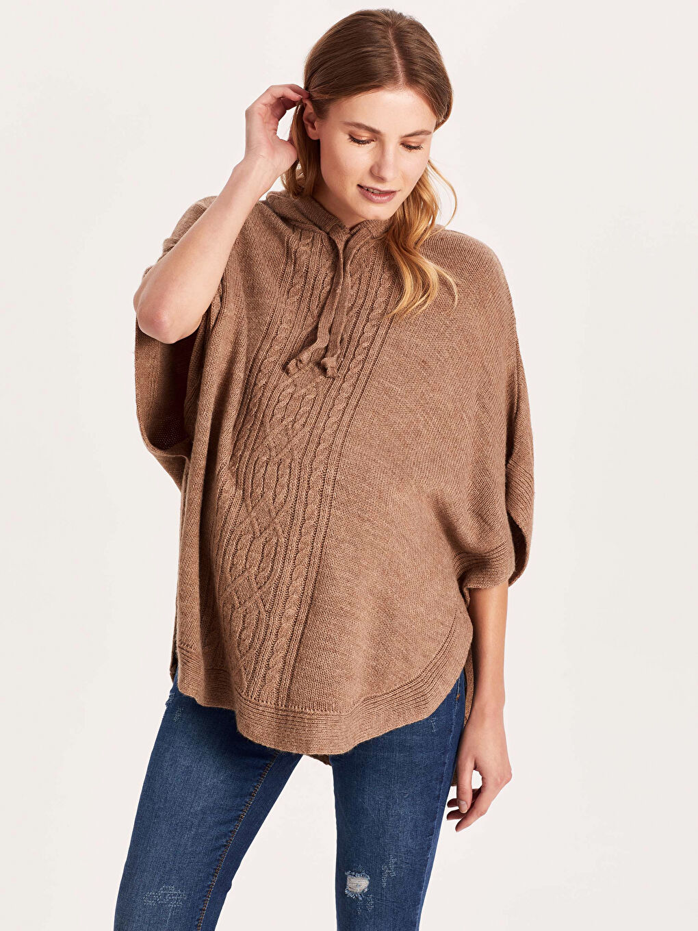 Kahverengi Kapüşonlu Kısa Kollu Kadın Hırka