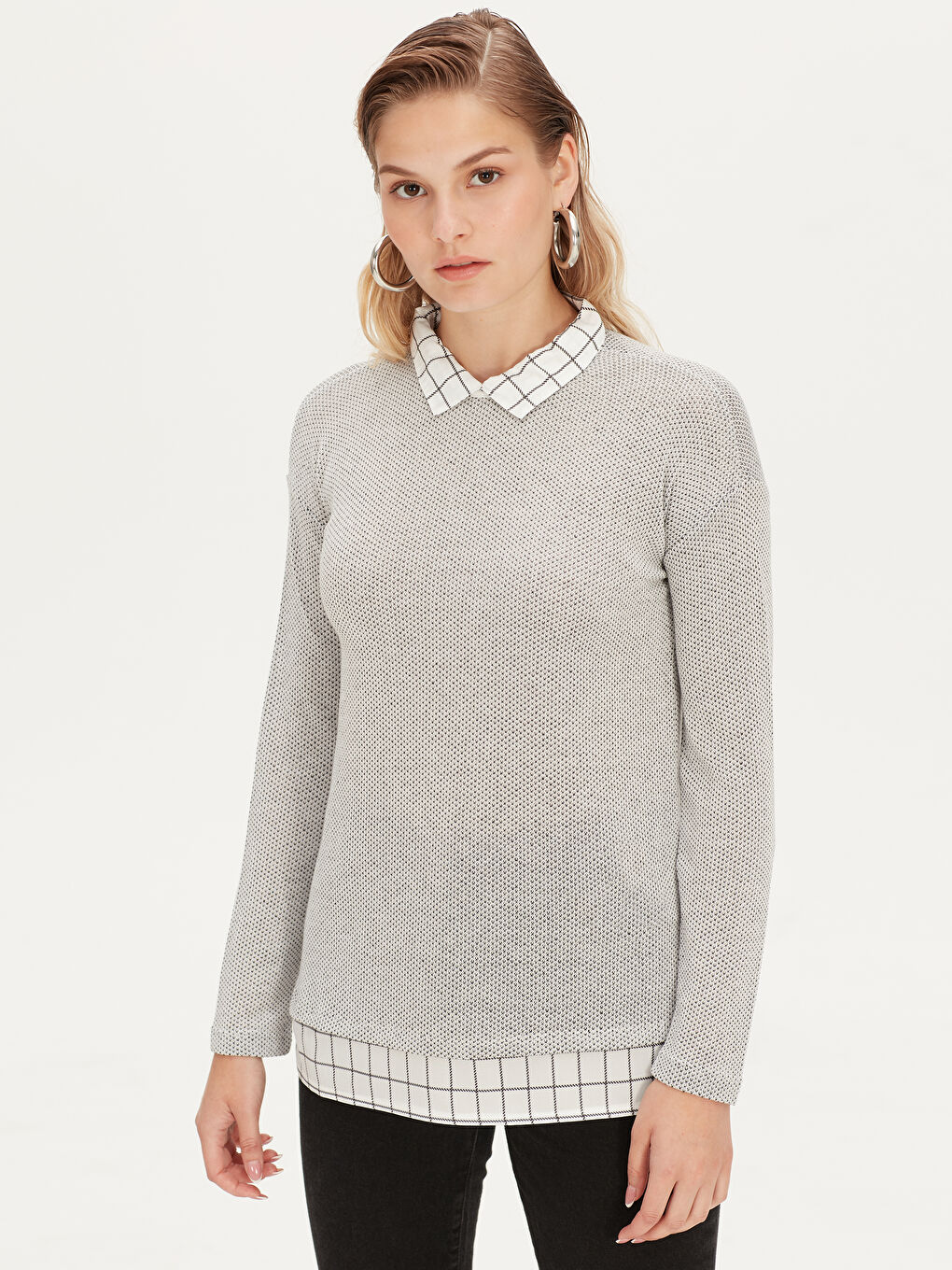 Gri Gömlek Yaka Uzun Kollu Kadın Tişört-1