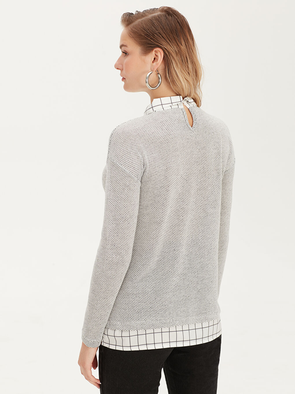 Gri Gömlek Yaka Uzun Kollu Kadın Tişört-2