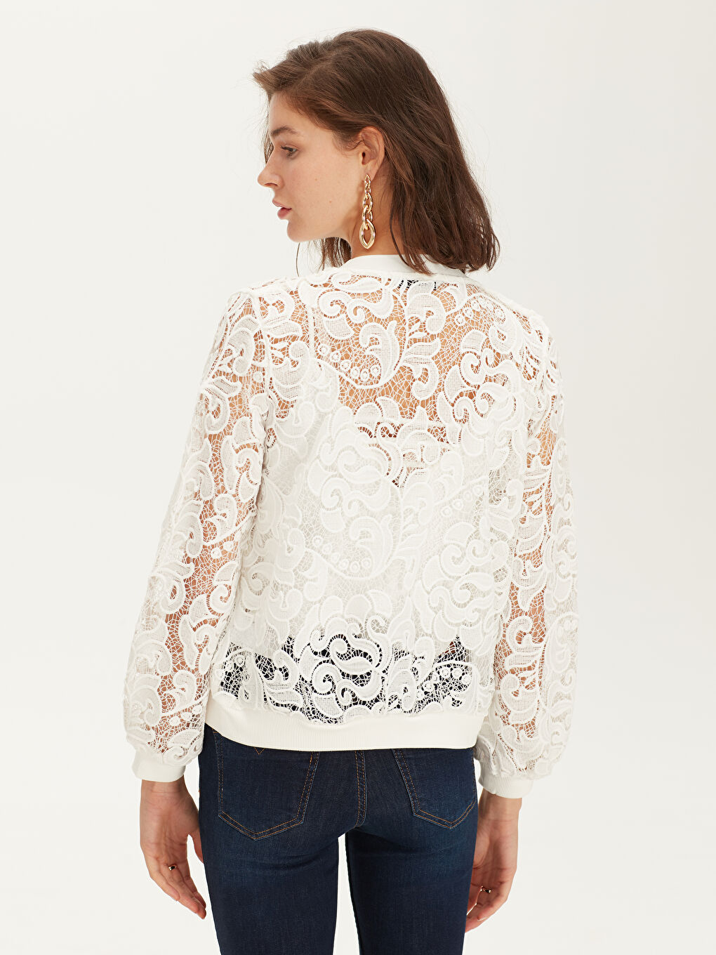 Ekru Bebe Yaka Standart Fit Uzun Kollu Dantel Kadın Ceket-2