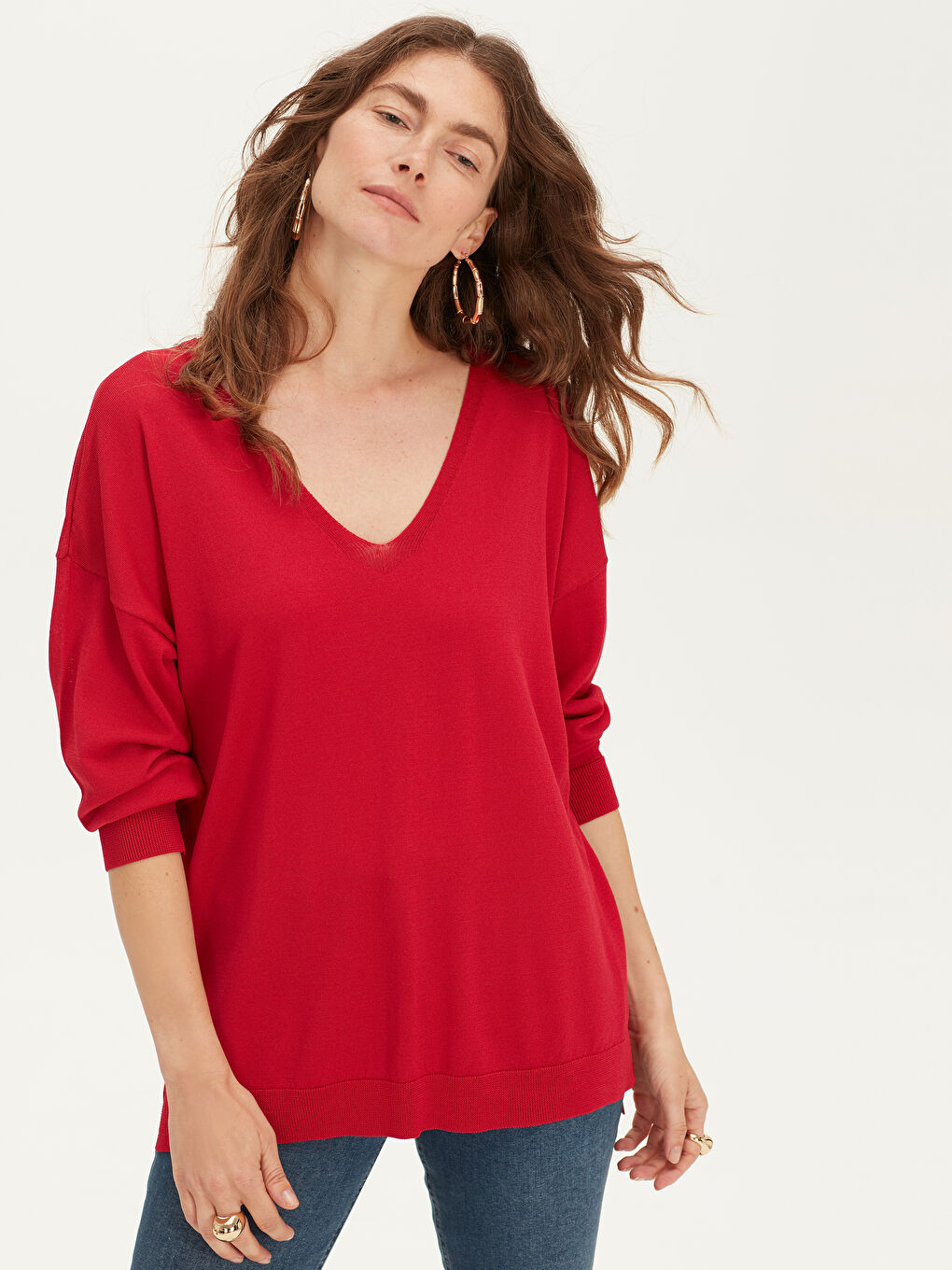 Kırmızı V Yaka Uzun Kollu Kadın Kazak-1