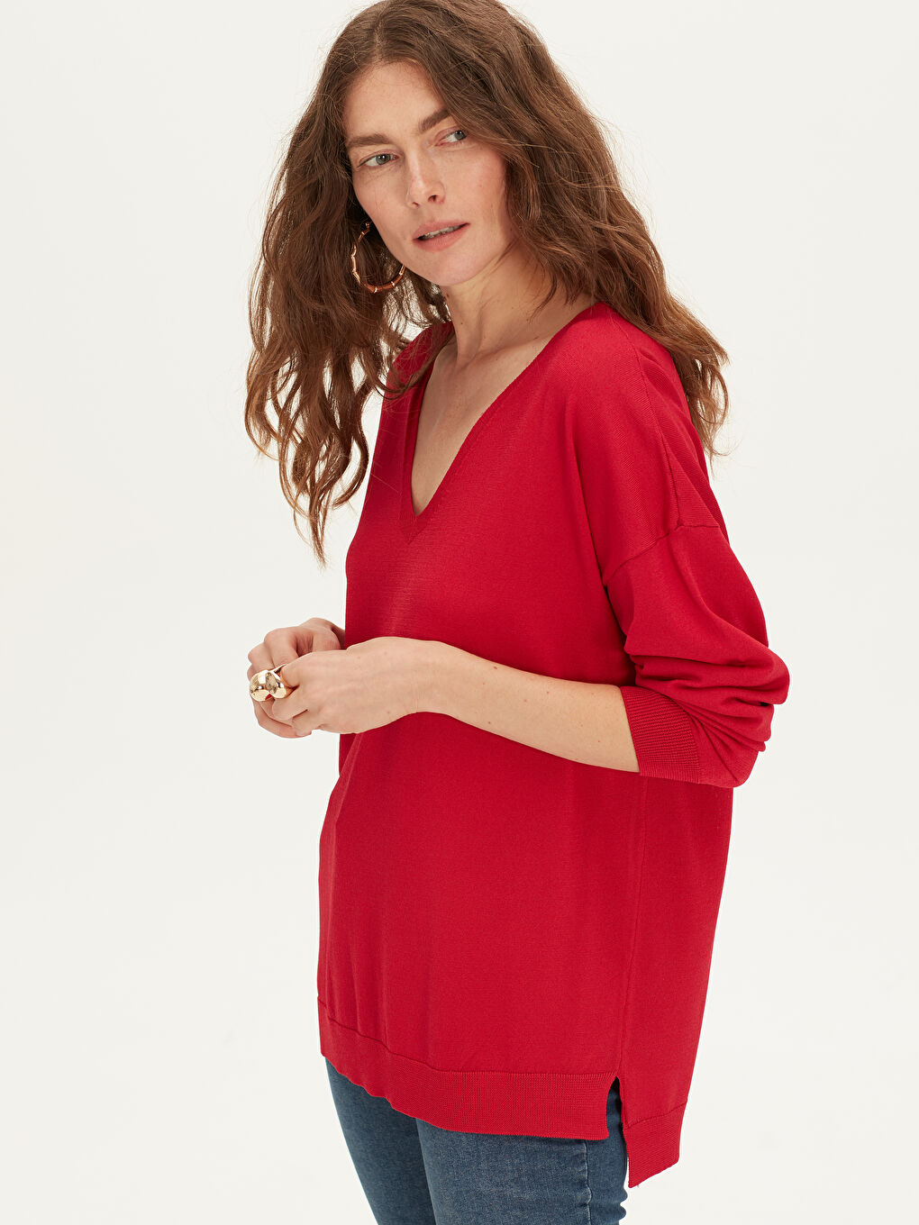 Kırmızı V Yaka Uzun Kollu Kadın Kazak-2