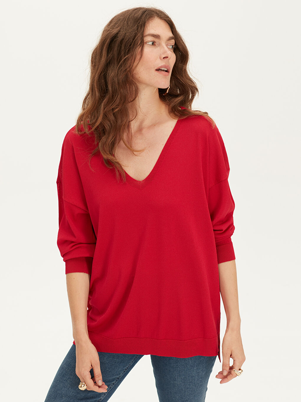 Kırmızı V Yaka Uzun Kollu Kadın Kazak-3