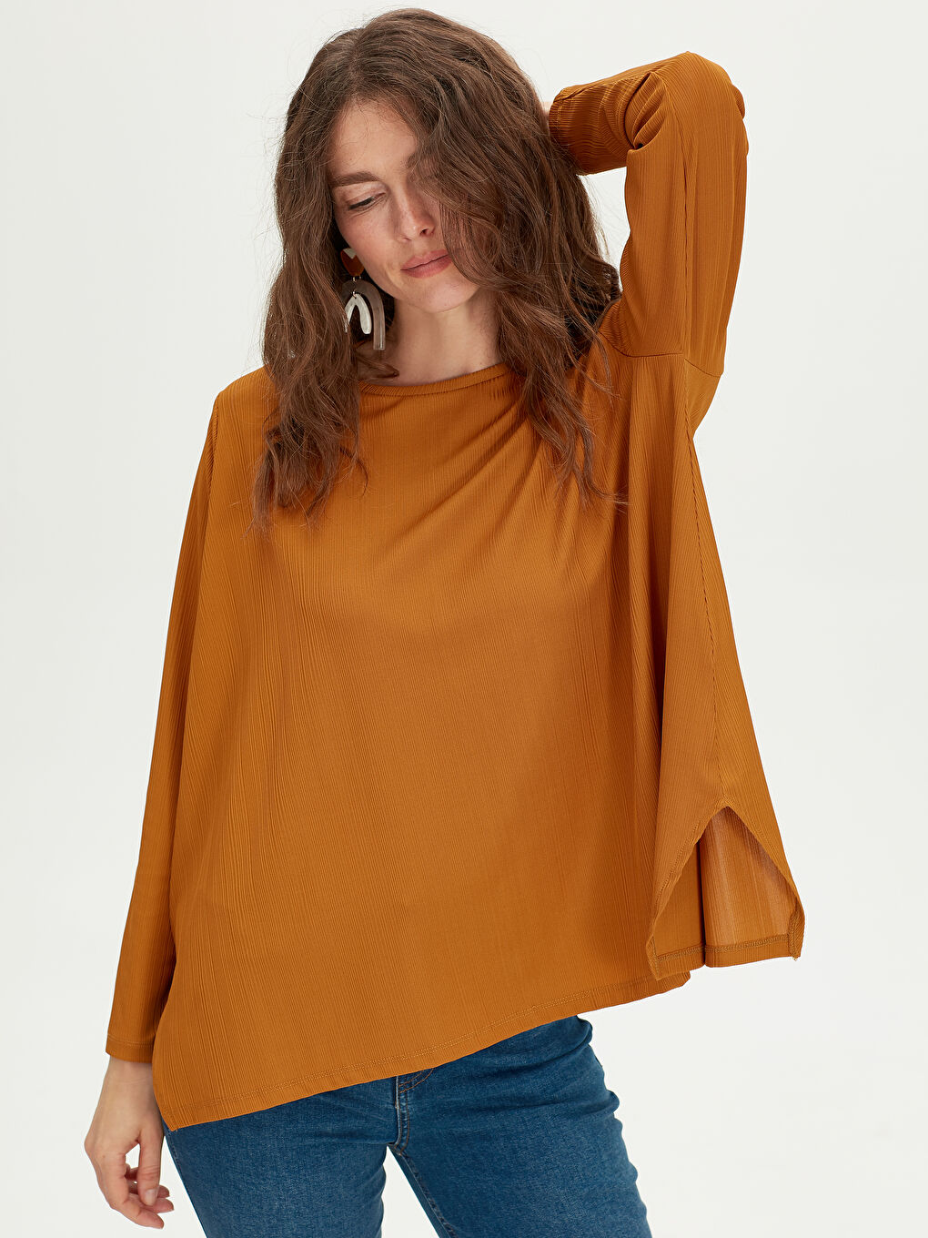 Sarı Bisiklet Yaka Standart Fit Uzun Kollu Penye Kadın Esnek Salaş Tişört-1