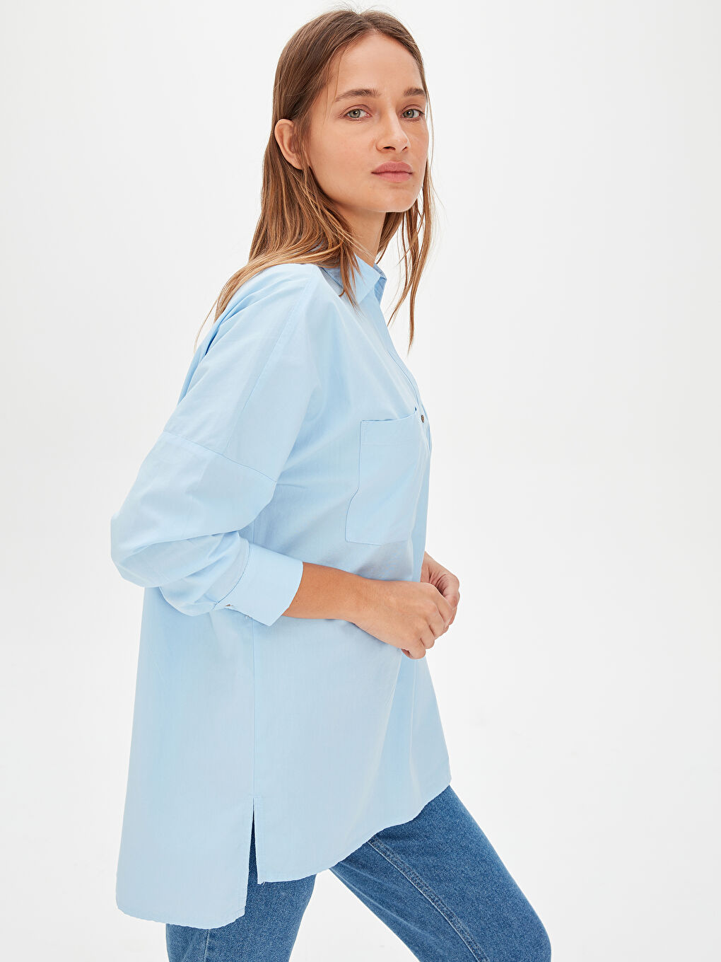 Mavi Gömlek Yaka Standart Fit Uzun Kollu Kadın Bluz-1