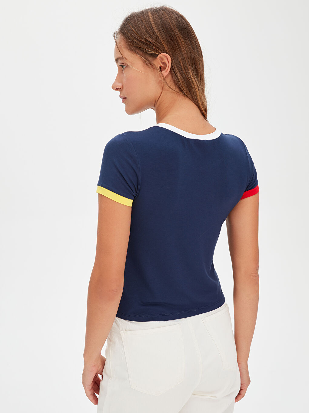 Lacivert Şerit Detaylı Kısa Kollu Kadın Tişört-2