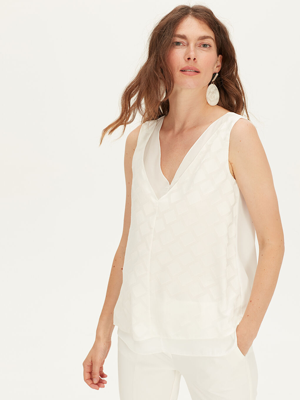 V Neck Patterned Sleeveless Back Detailed Women's Blouse