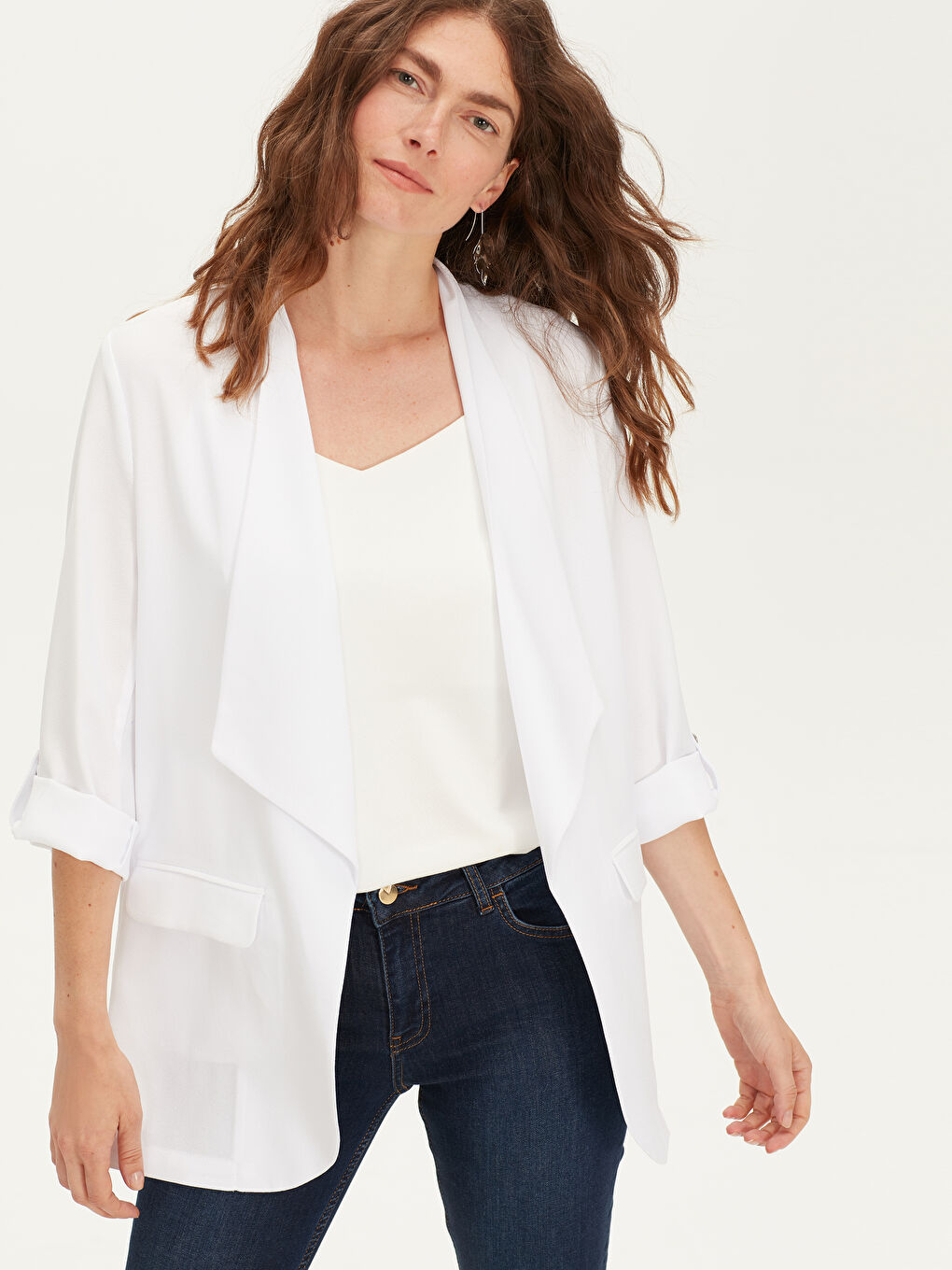 Beyaz Şal Yaka Standart Fit Uzun Kollu Kadın Ceket