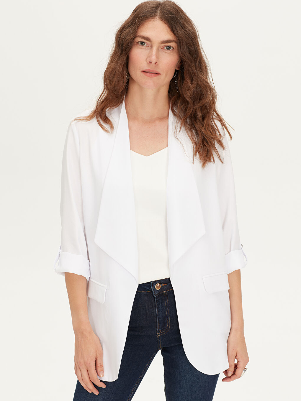 Beyaz Şal Yaka Standart Fit Uzun Kollu Kadın Ceket-1