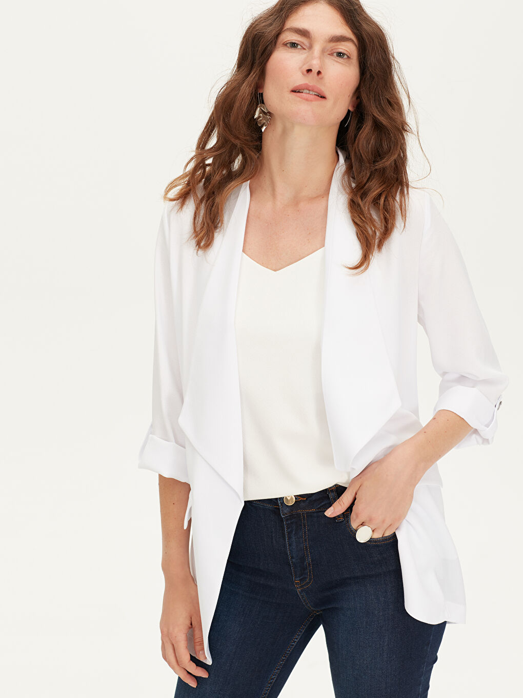 Beyaz Şal Yaka Standart Fit Uzun Kollu Kadın Ceket-2