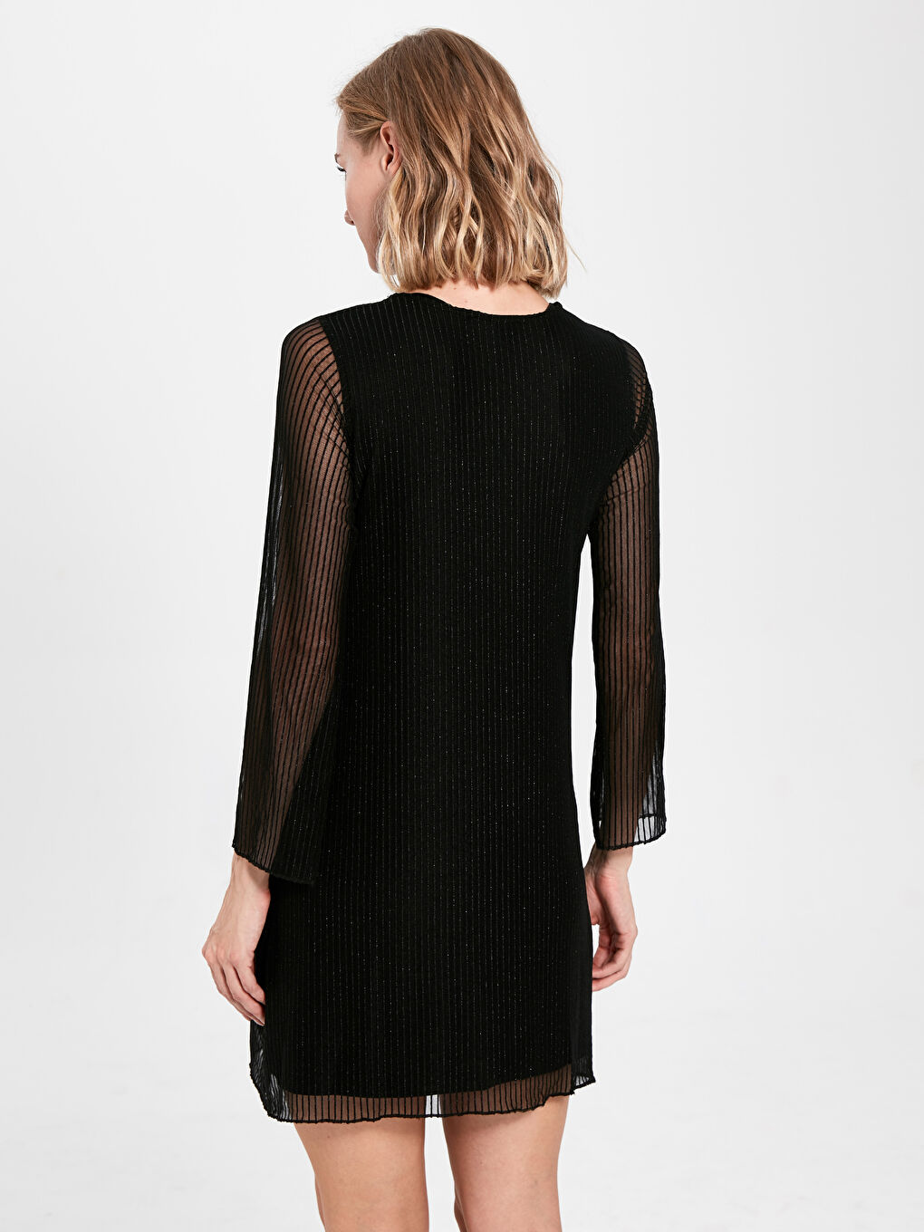 Siyah Bisiklet Yaka Uzun Kollu Dantel Kadın Elbise-3