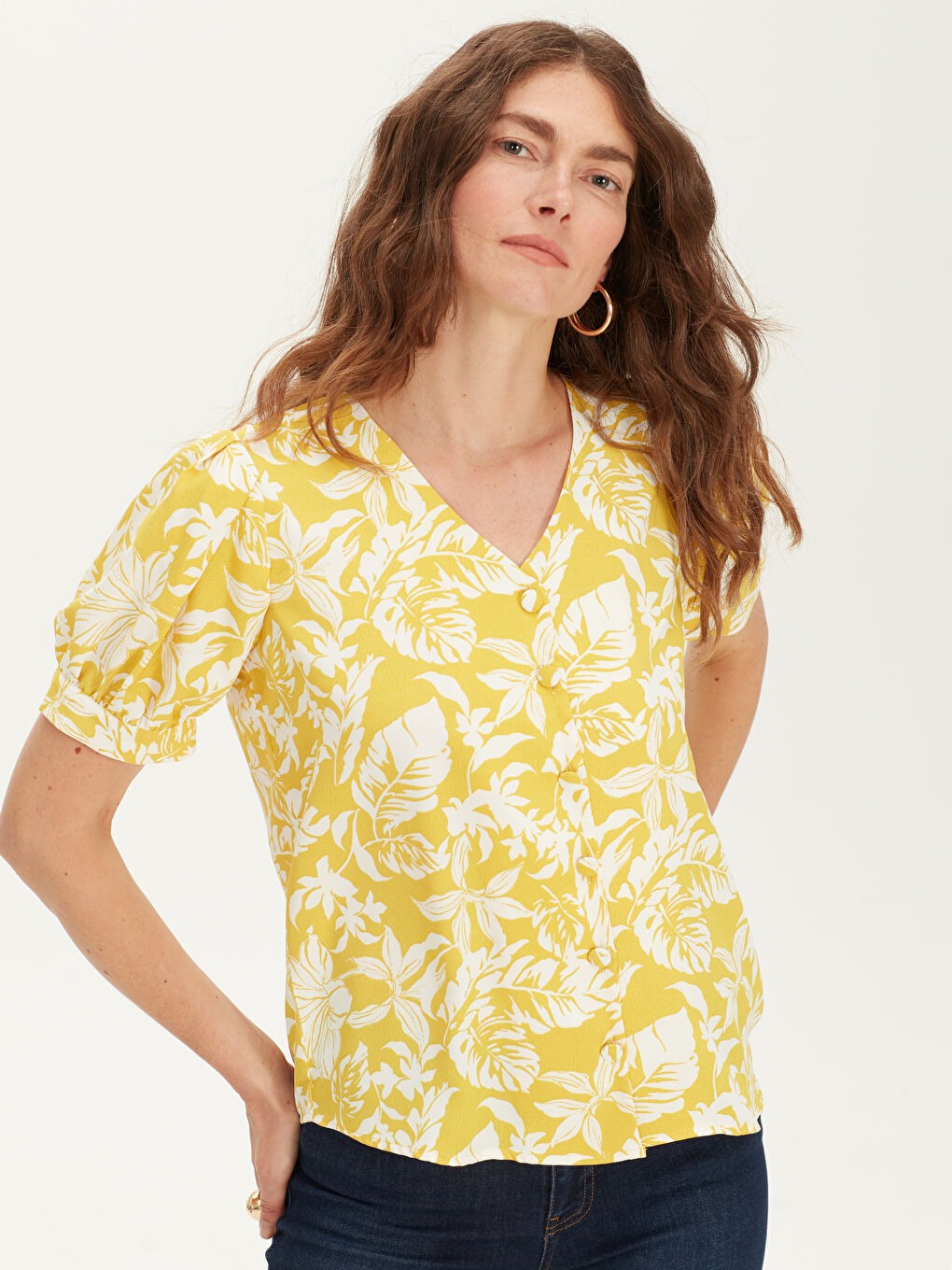 V-Neck Standard Fit Short Sleeve Women's Blouse-2