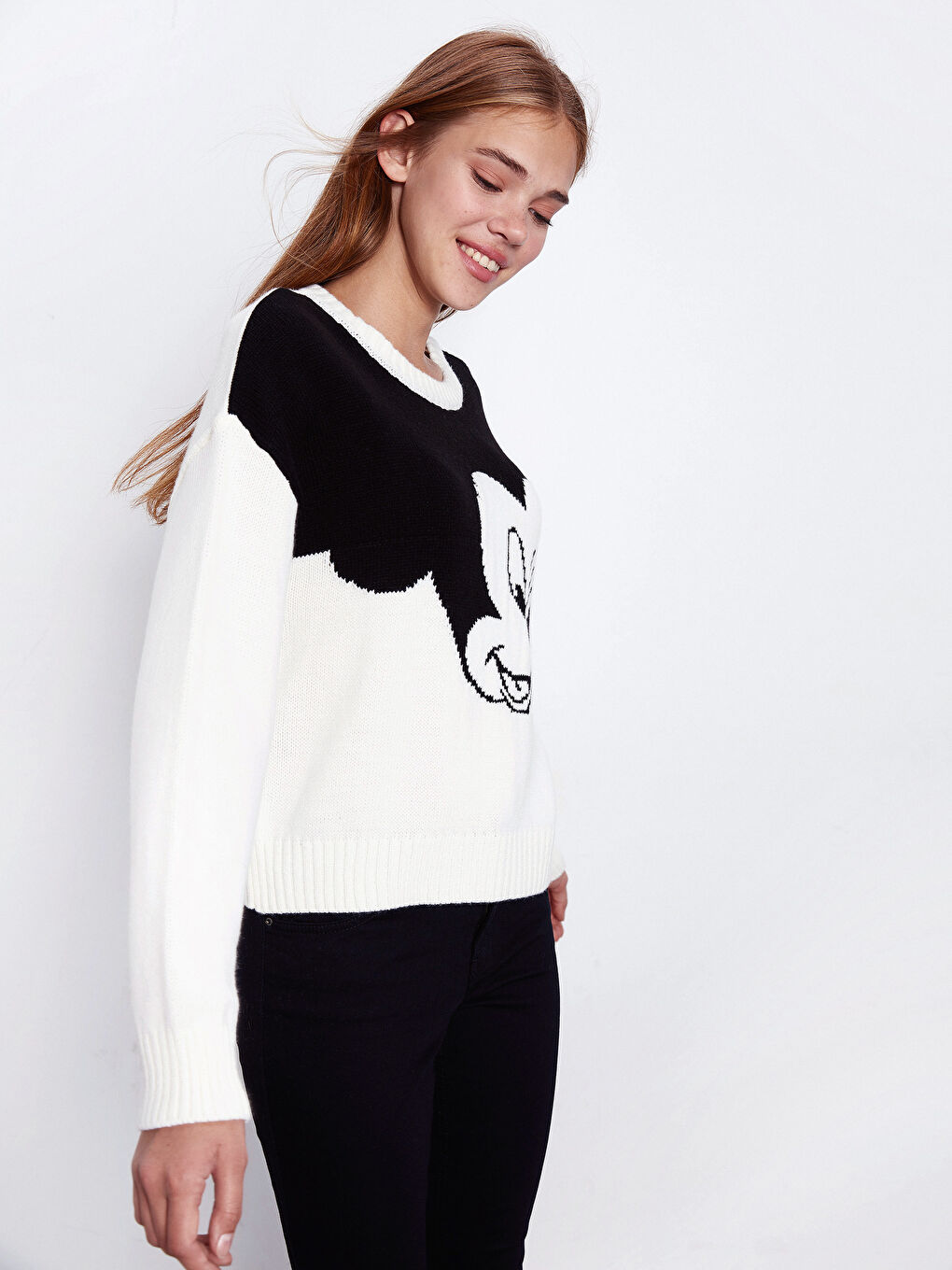 Beyaz Bisiklet Yaka Uzun Kollu Kadın Kazak-1