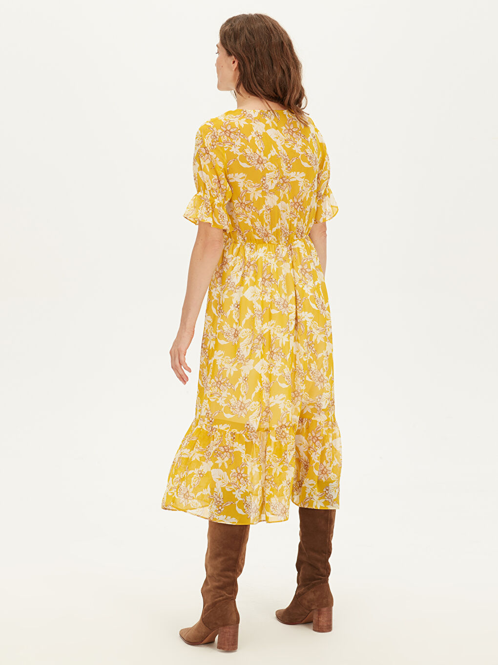 Sarı V Yaka Standart Fit Kısa Kollu Şifon Kadın Elbise-3