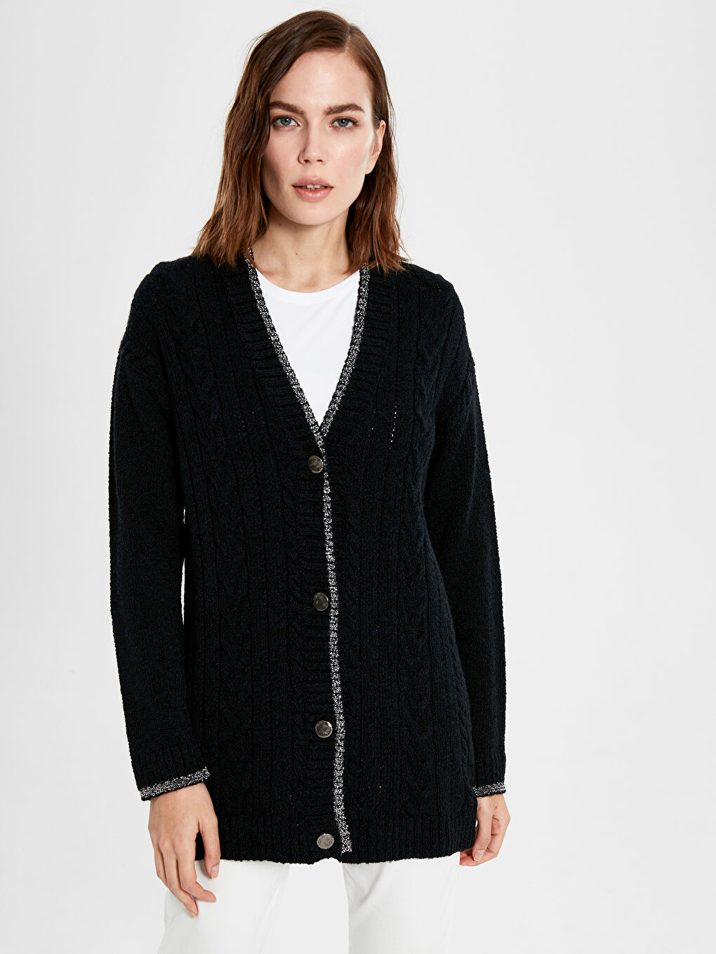 Lacivert V Yaka Uzun Kollu Kadın Hırka