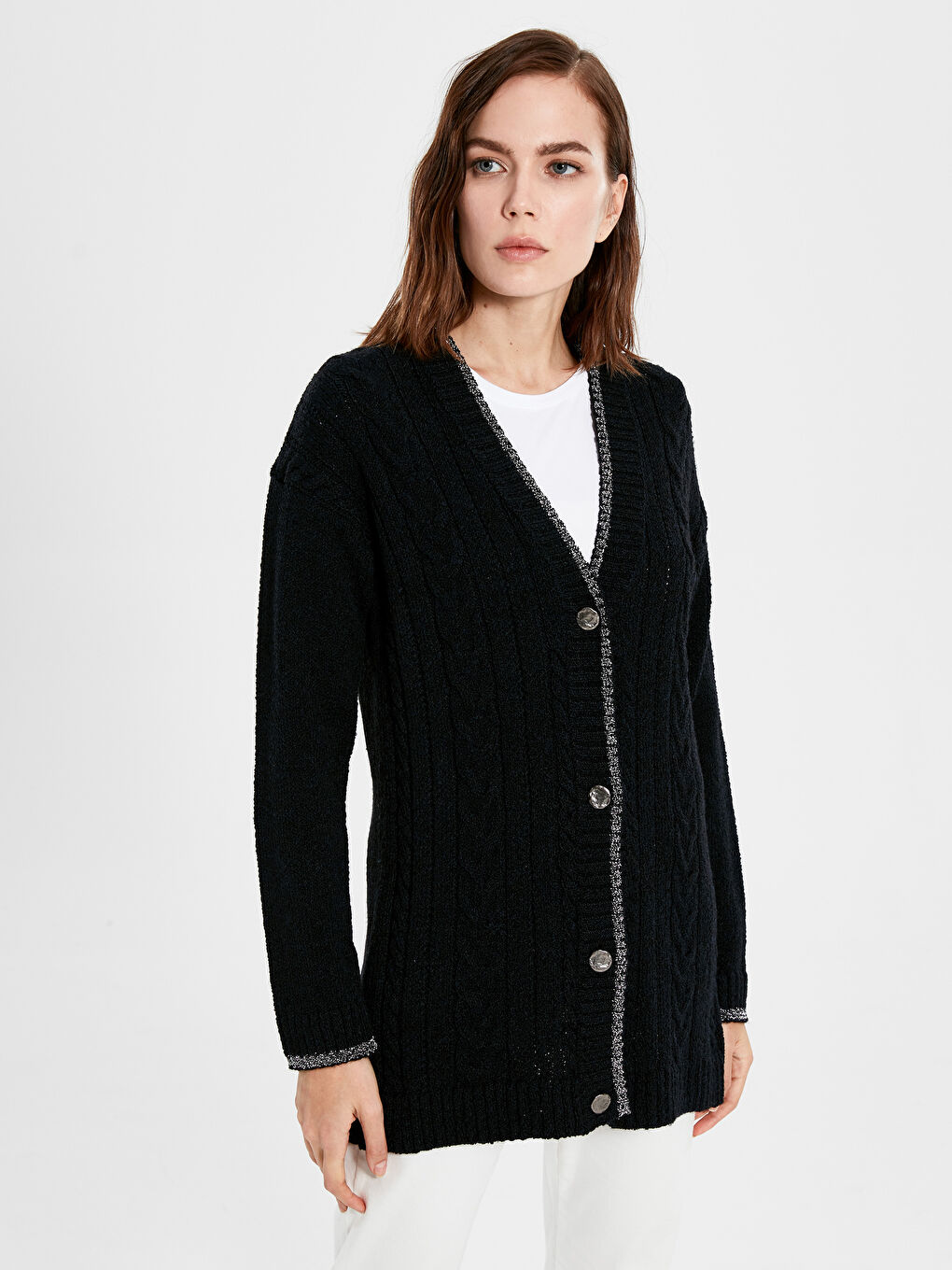 Lacivert V Yaka Uzun Kollu Kadın Hırka-1