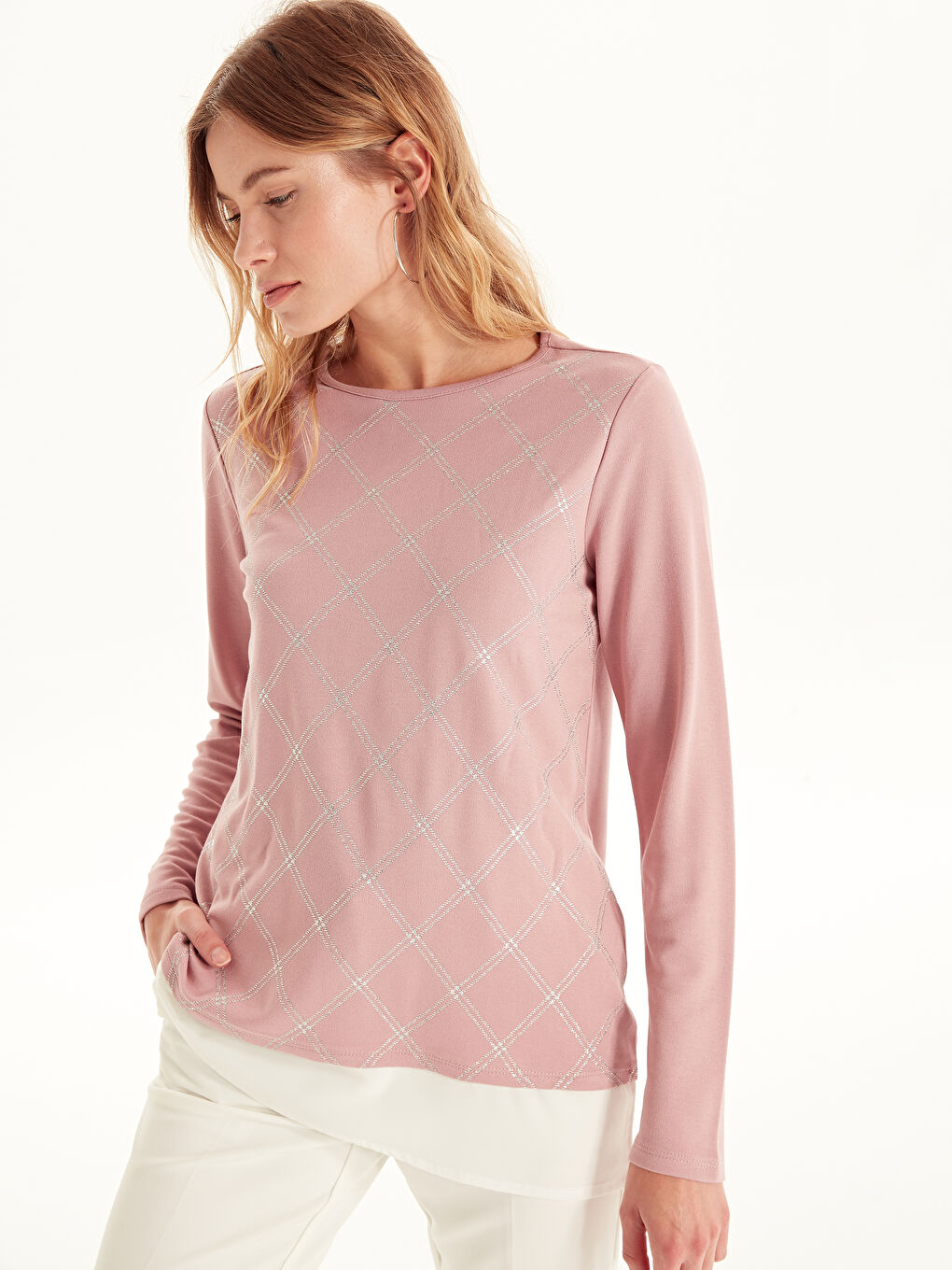 Pembe Bisiklet Yaka Uzun Kollu Kadın Tişört