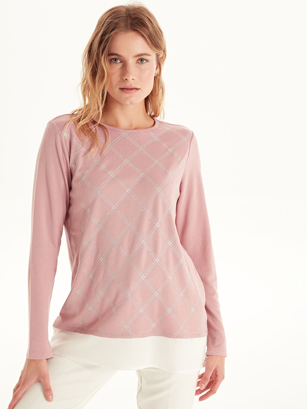 Pembe Bisiklet Yaka Uzun Kollu Kadın Tişört-1