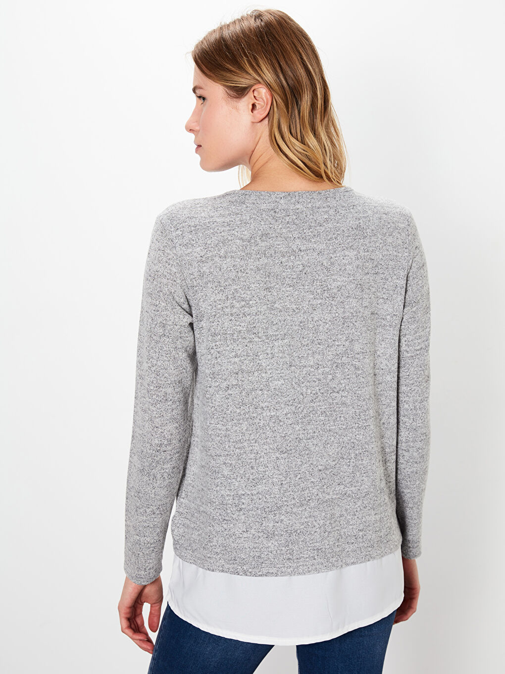 Beyaz Bisiklet Yaka Baskılı Uzun Kollu Kadın Tişört-3