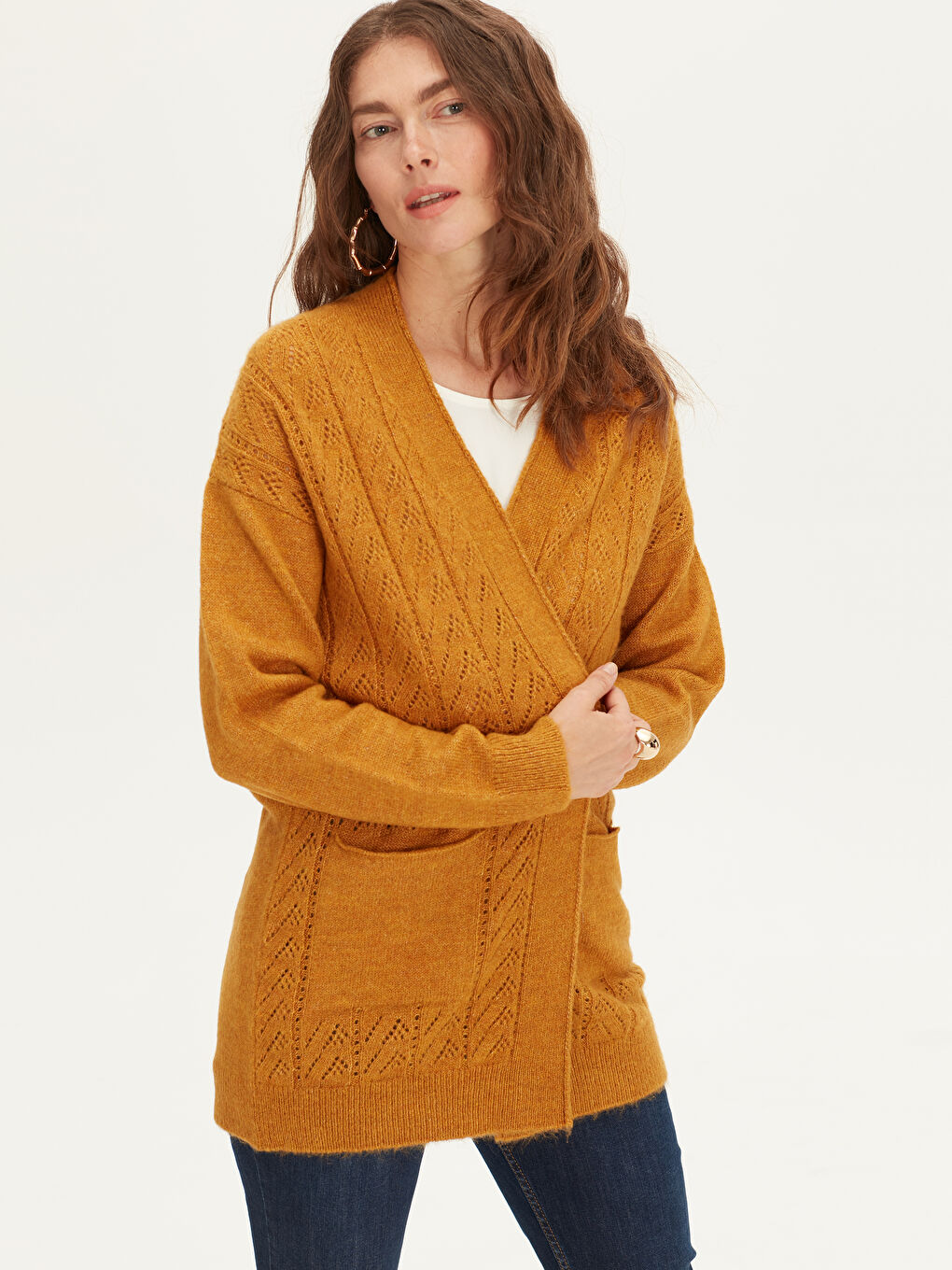 Sarı V Yaka Kadın Hırka-1