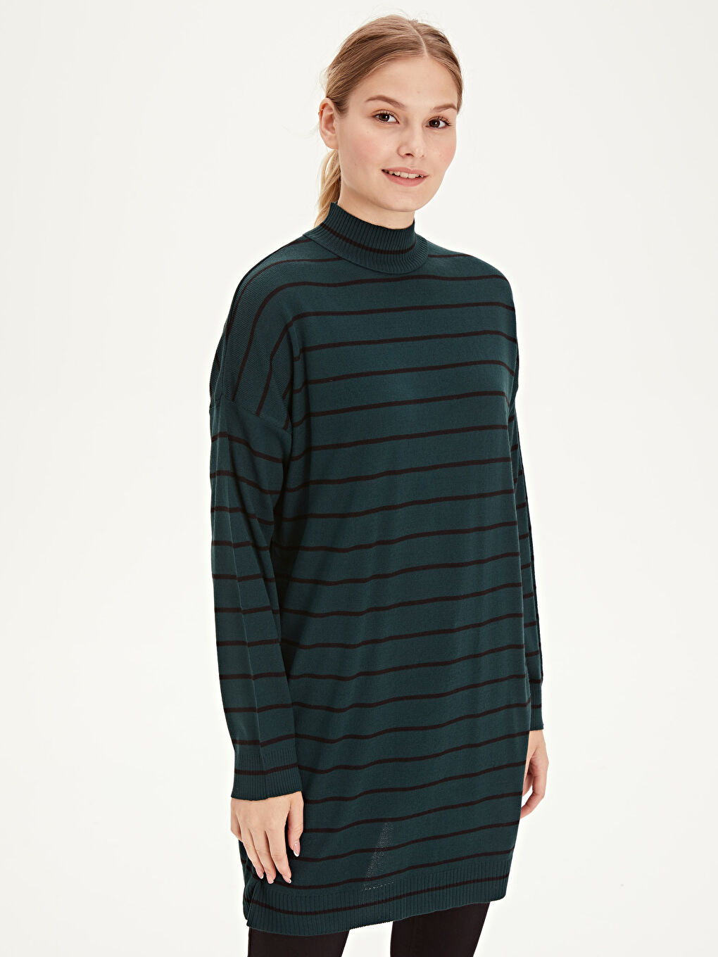 Yeşil Yarım Balıkçı Yaka Oversize Kadın Tunik